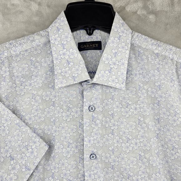 Garnet Los Angeles Mens Xl Short Sleeve‎ Button Up Blue Floral Cotton Luxury - Picture 1 of 9